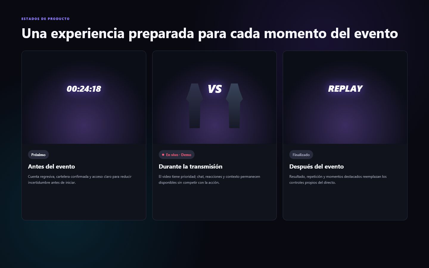Synthetic pre-event, live, and completed streaming states